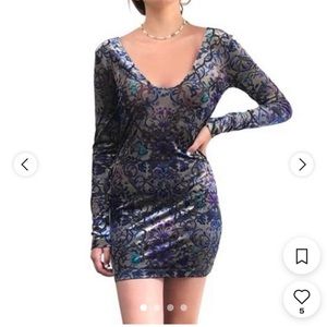 Free People burnout velvet bodycon long sleeve mini dress grey with blue XS S